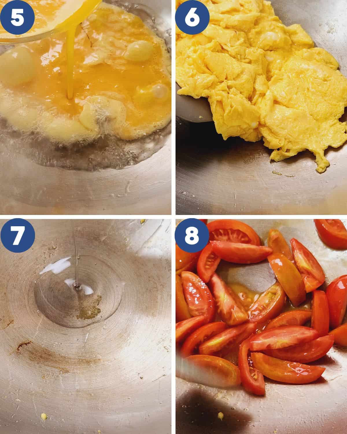 Photo collage of making the scrambled eggs and stir frying the tomatoes.