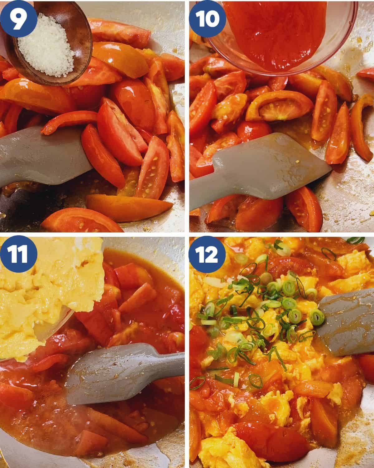 Photo collage of mixing the tomatoes and scrambled eggs in the wok.
