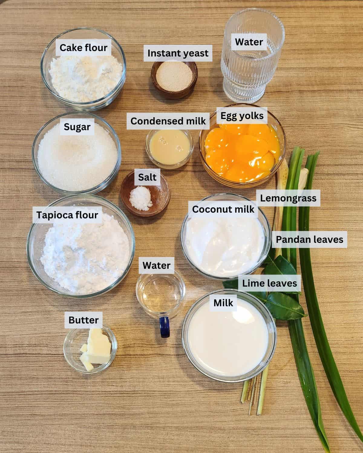 Bika Ambon ingredients with labels.