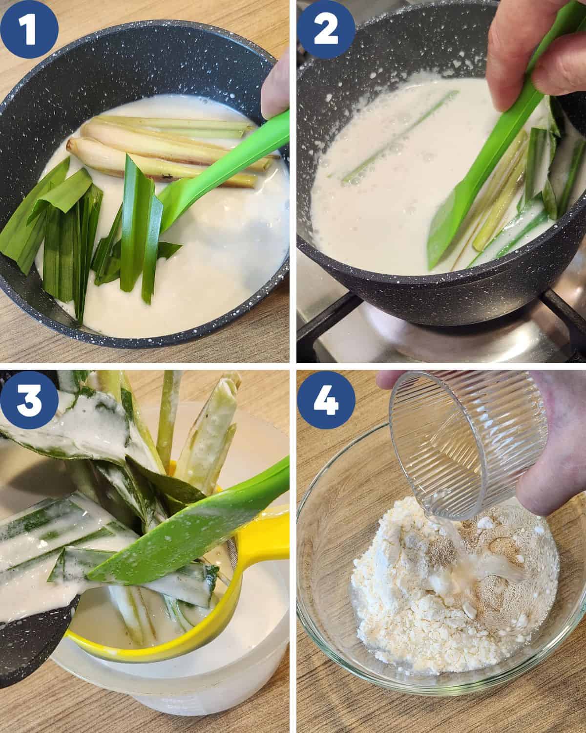 Step by step photos of preparing the coconut milk mixture for bika ambon.