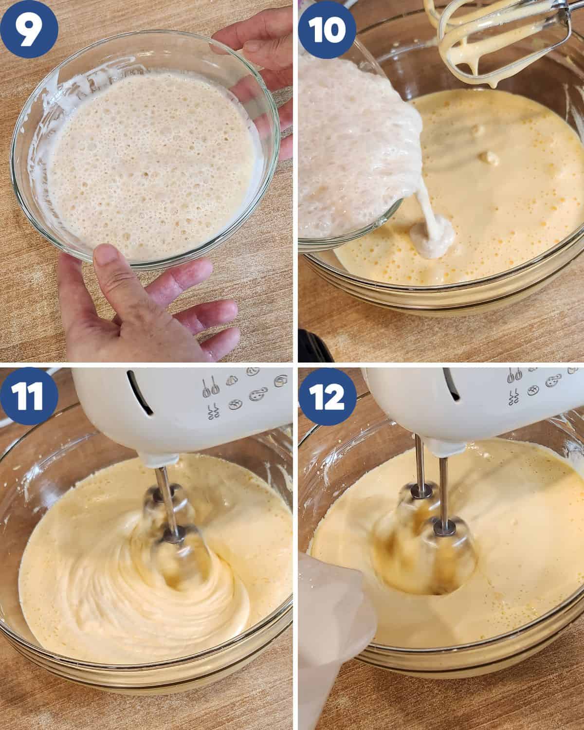 Step by step photos of mixing the yeast and coconut milk mixture into the egg mixture.