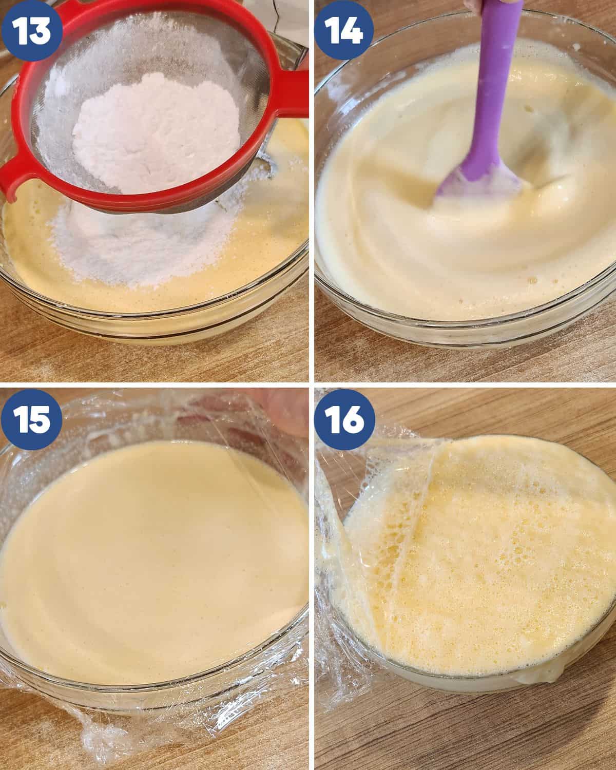 Step by step photos of mixing the tapioca flour into the bika ambon batter.