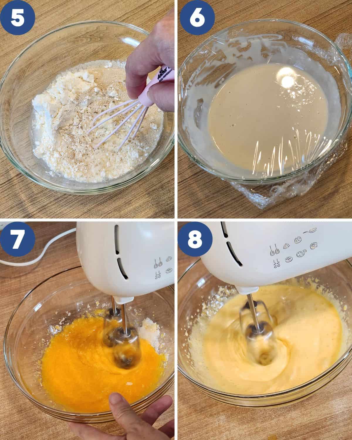 Step by step photos of preparing the yeast and the egg mixture.