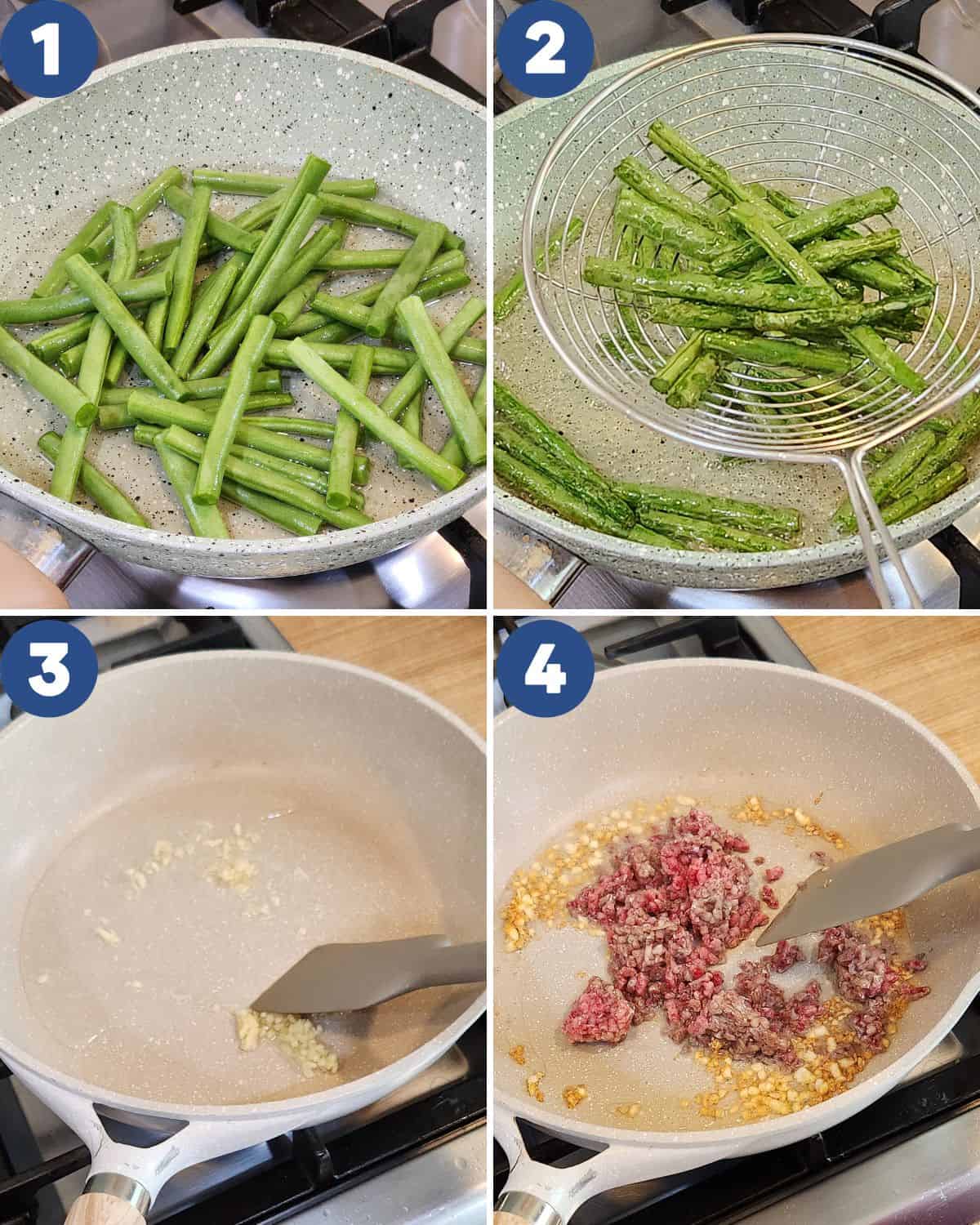 Step by step photos of stir frying green beans and ground beef.