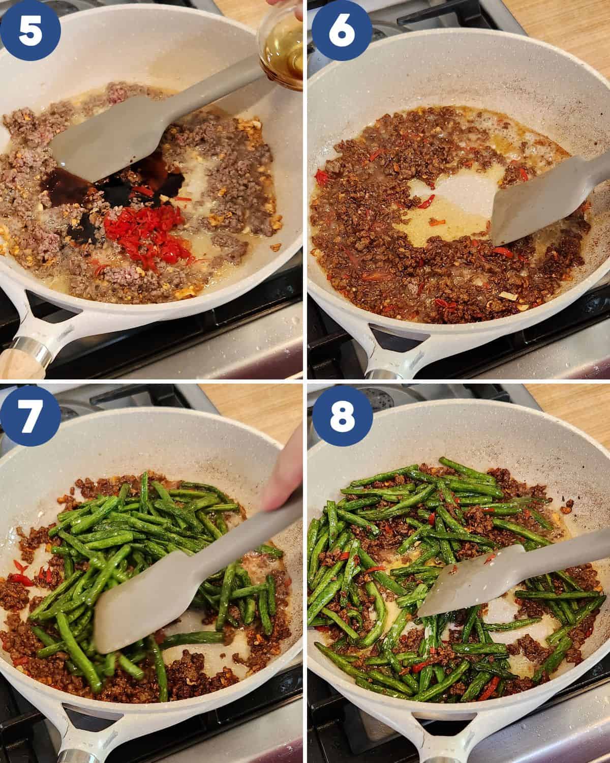 Step by step photos of seasoning green beans and ground beef stir fry.