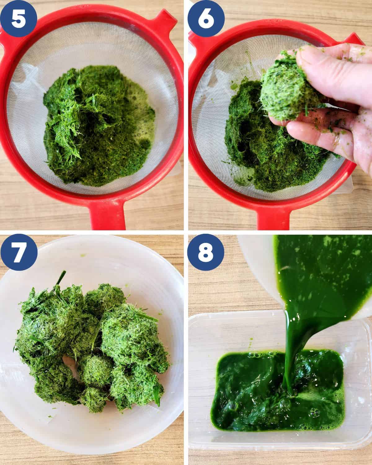 Step by step photos of straining the processed pandan juice.