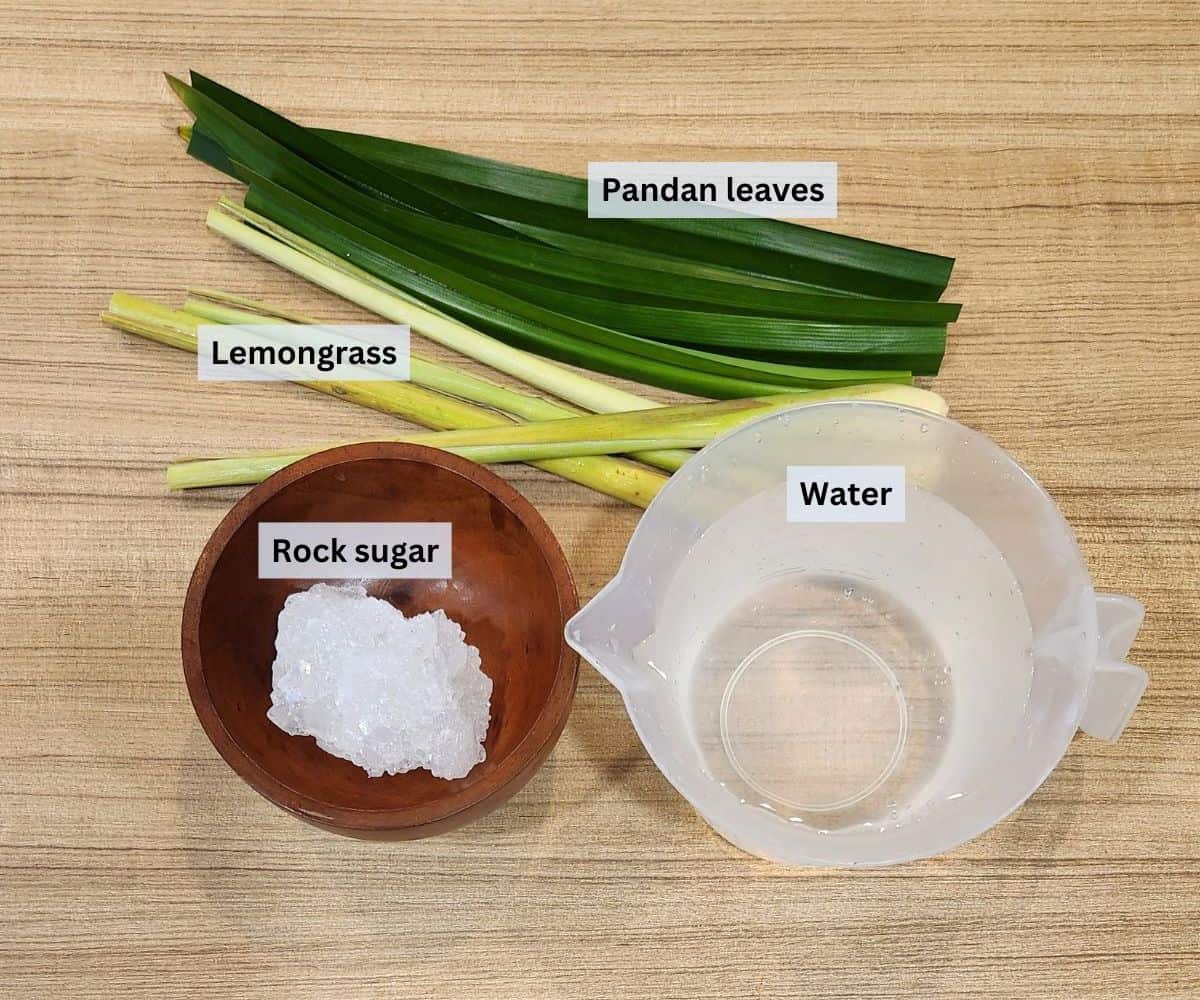 Lemongrass pandan tea ingredients with labels.