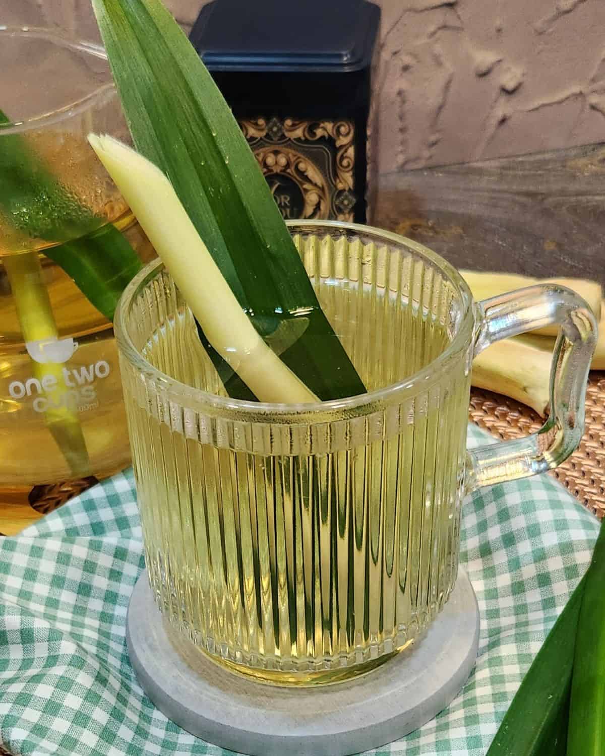 A glass of lemongrass pandan tea with pandan leaf and lemongrass stalk for decoration.