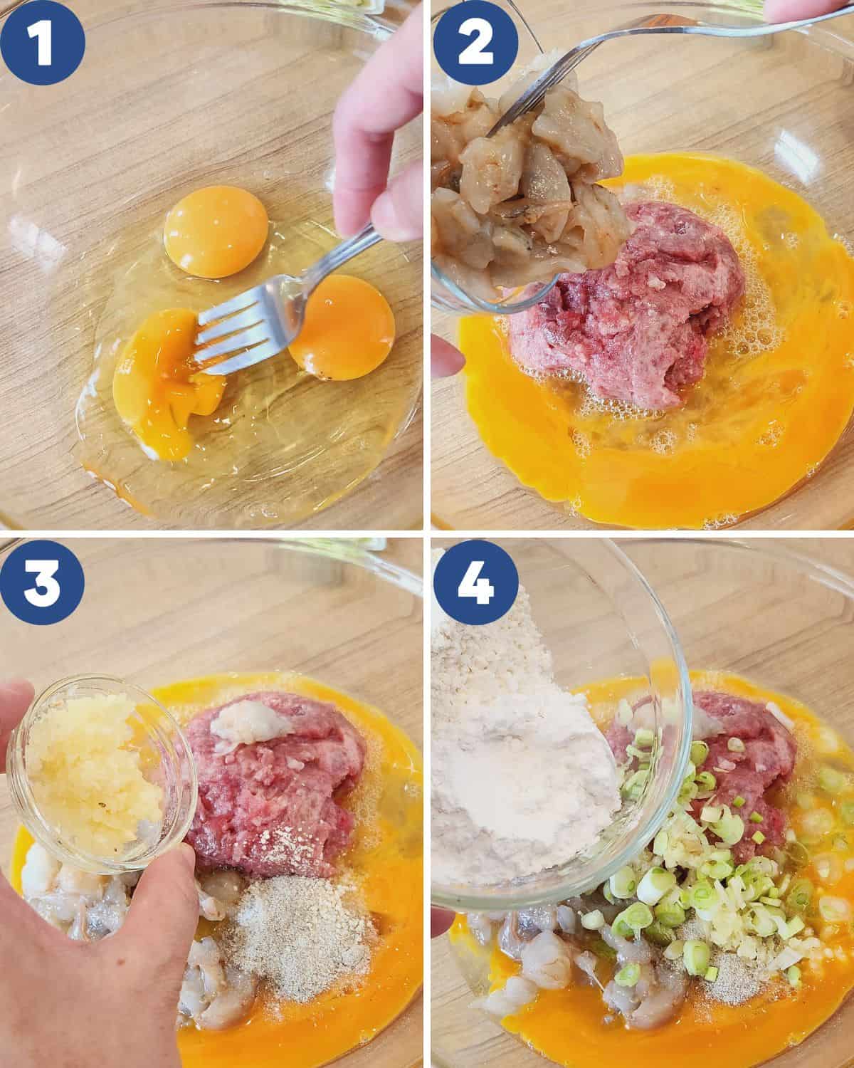 Step by step process photos of mixing the ingredients for pork egg foo young.