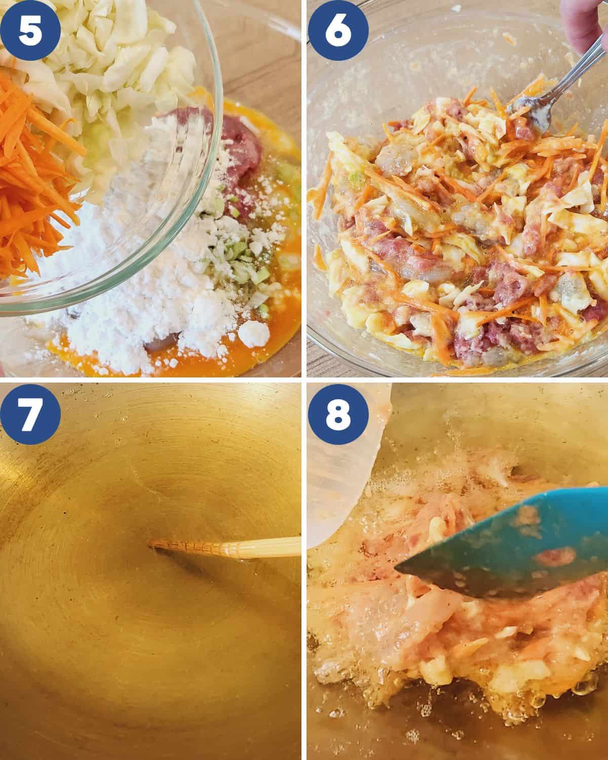 Step by step process photos of mixing the vegetables into the egg batter.