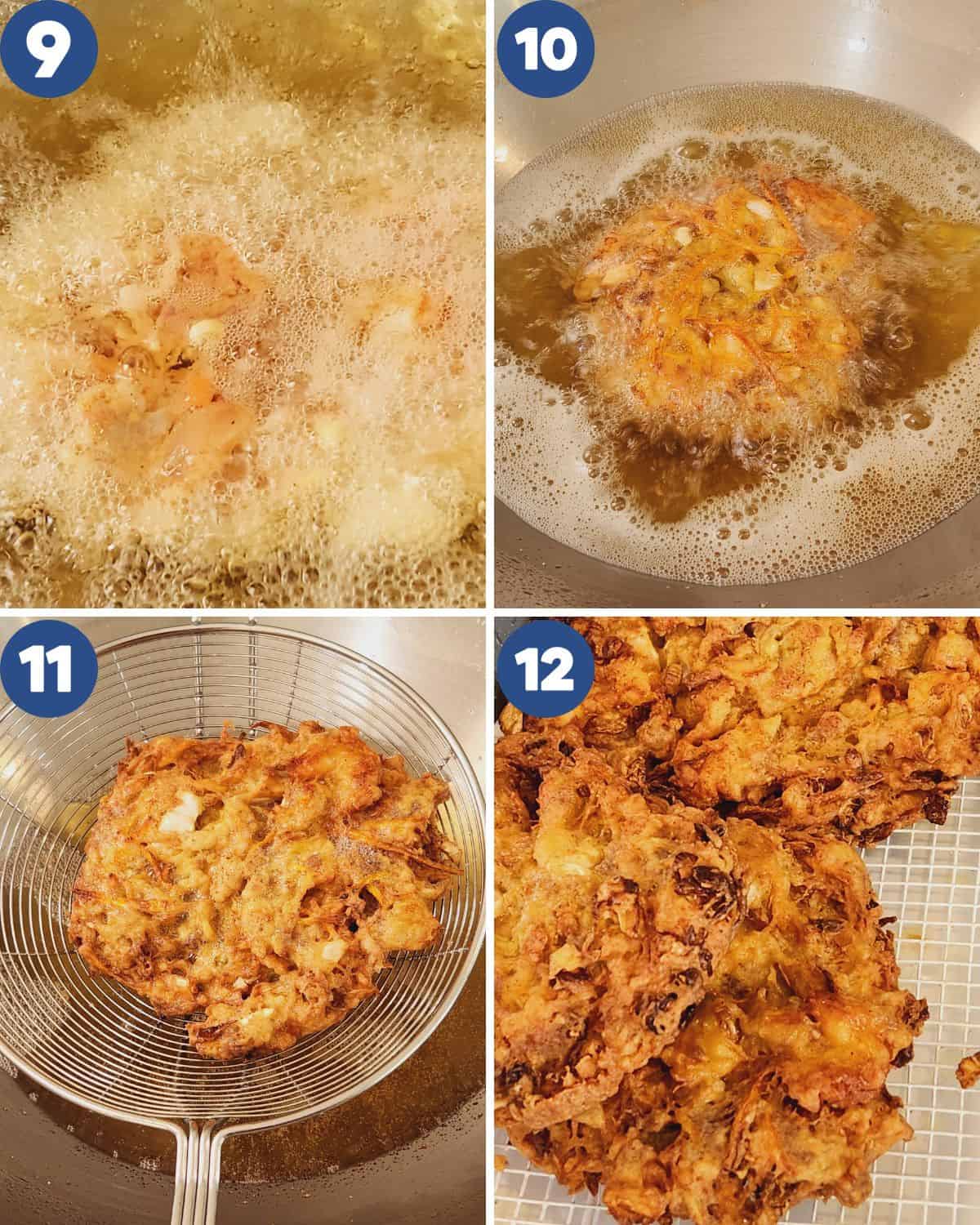 Step by step process photos of deep-frying the egg foo young batter.