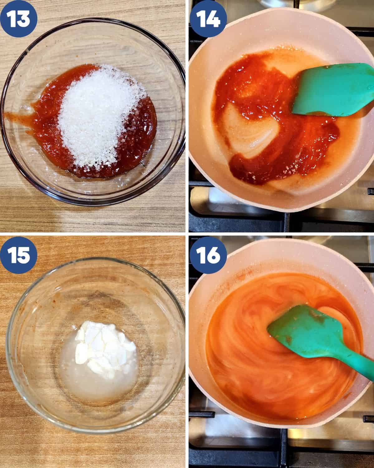Step by step process photos of preparing the tomato sauce.