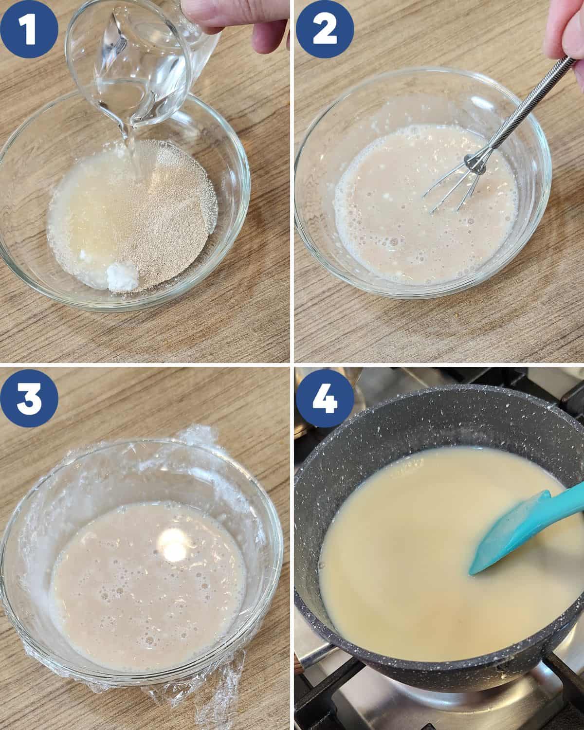 Step by step process photos of preparing the milk and yeast for pukis.