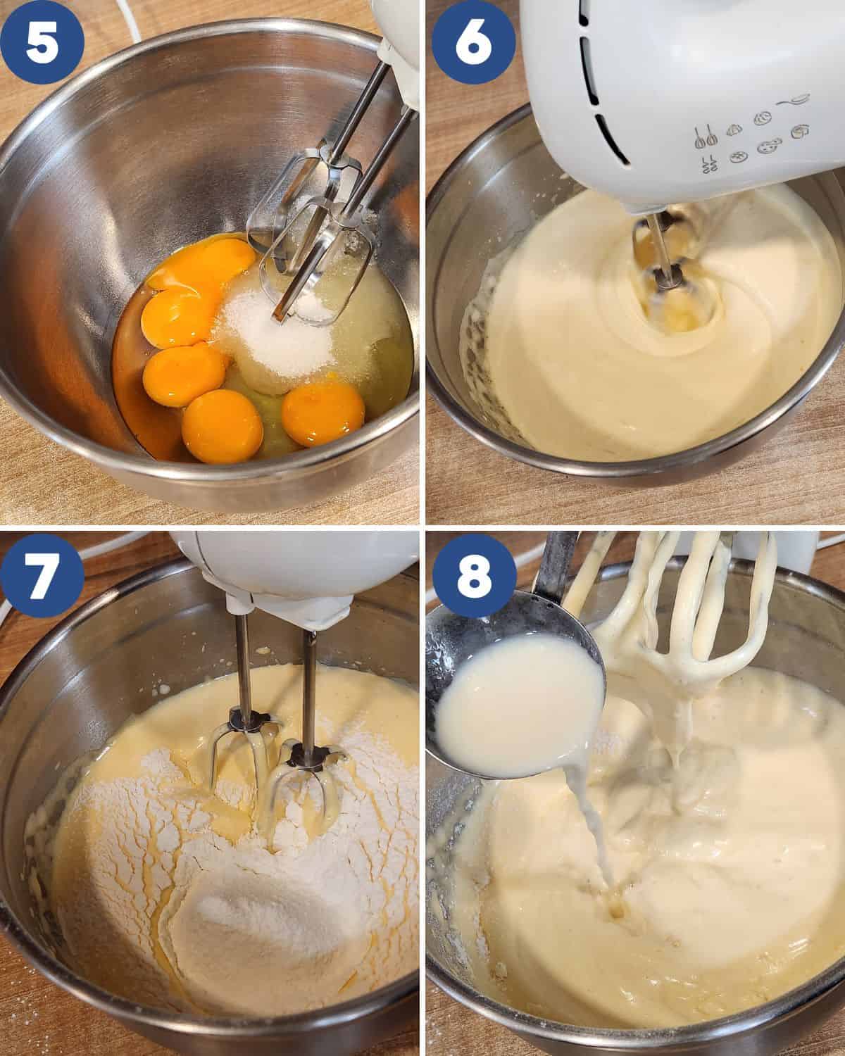 Step by step process photos of beating the eggs and sugar. 