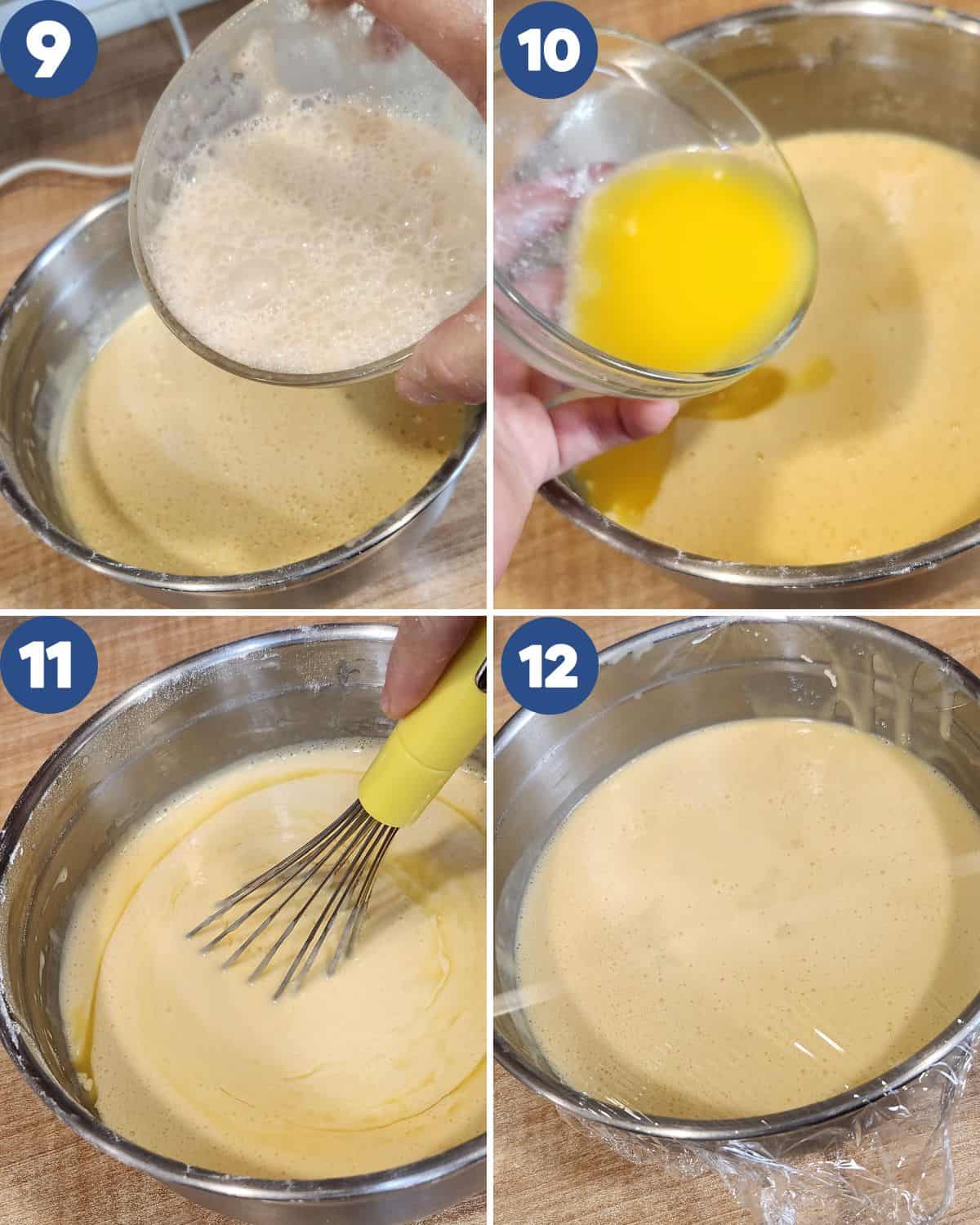 Step by step process photos of mixing the yeast into the batter. 