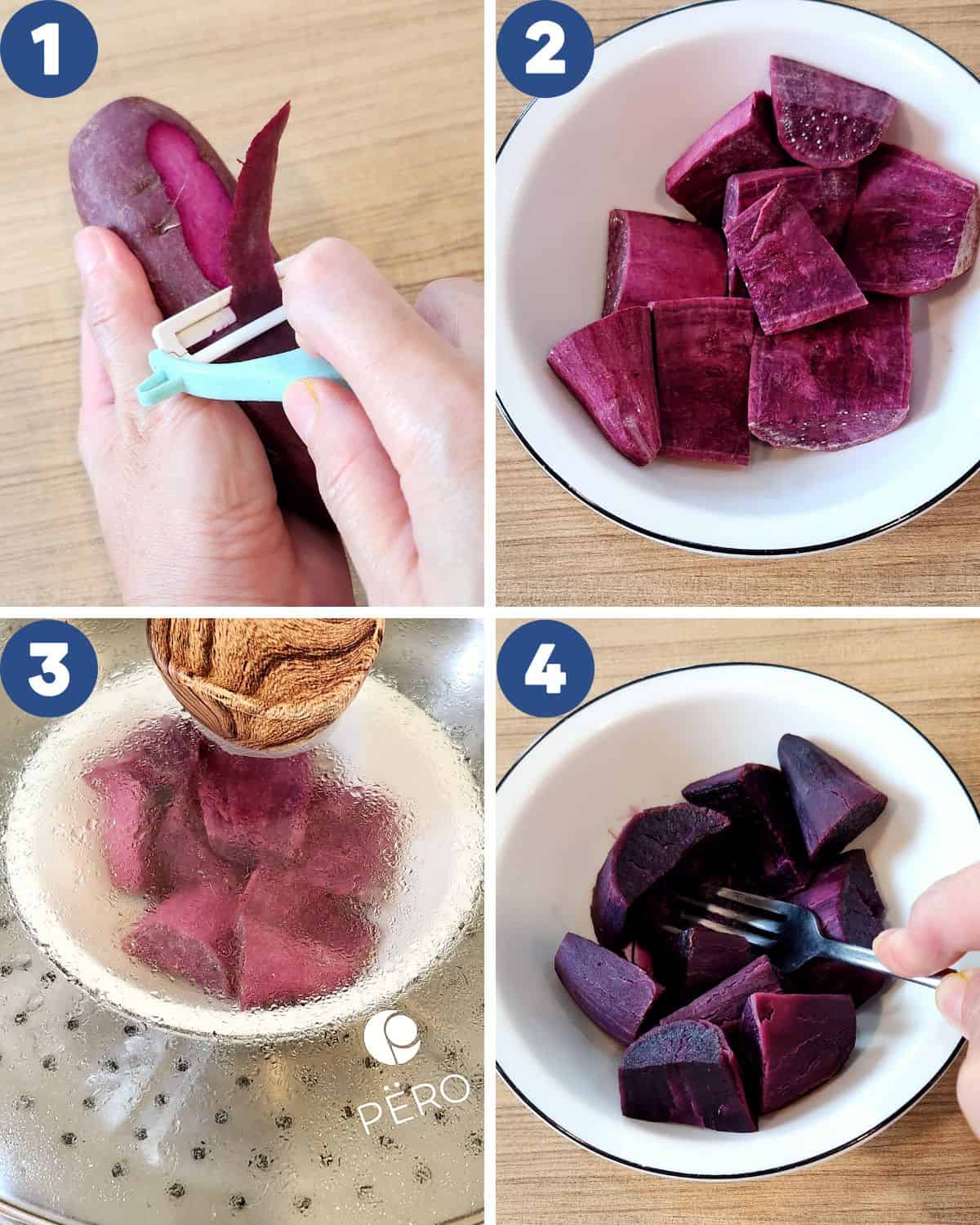 Step by step photos of peeling and preparing the purple sweet potatoes for steaming and mashing.