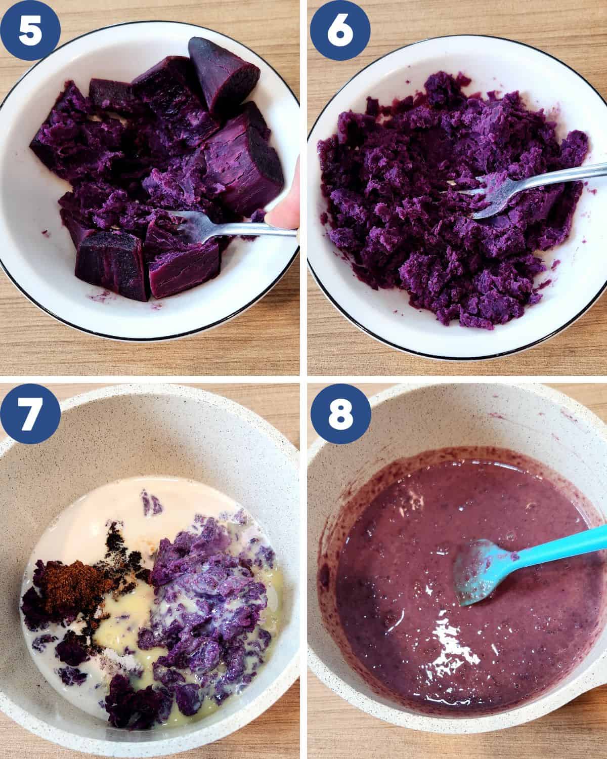 Step by step photos of mashing the purple sweet potato and mixing with other ingredients.