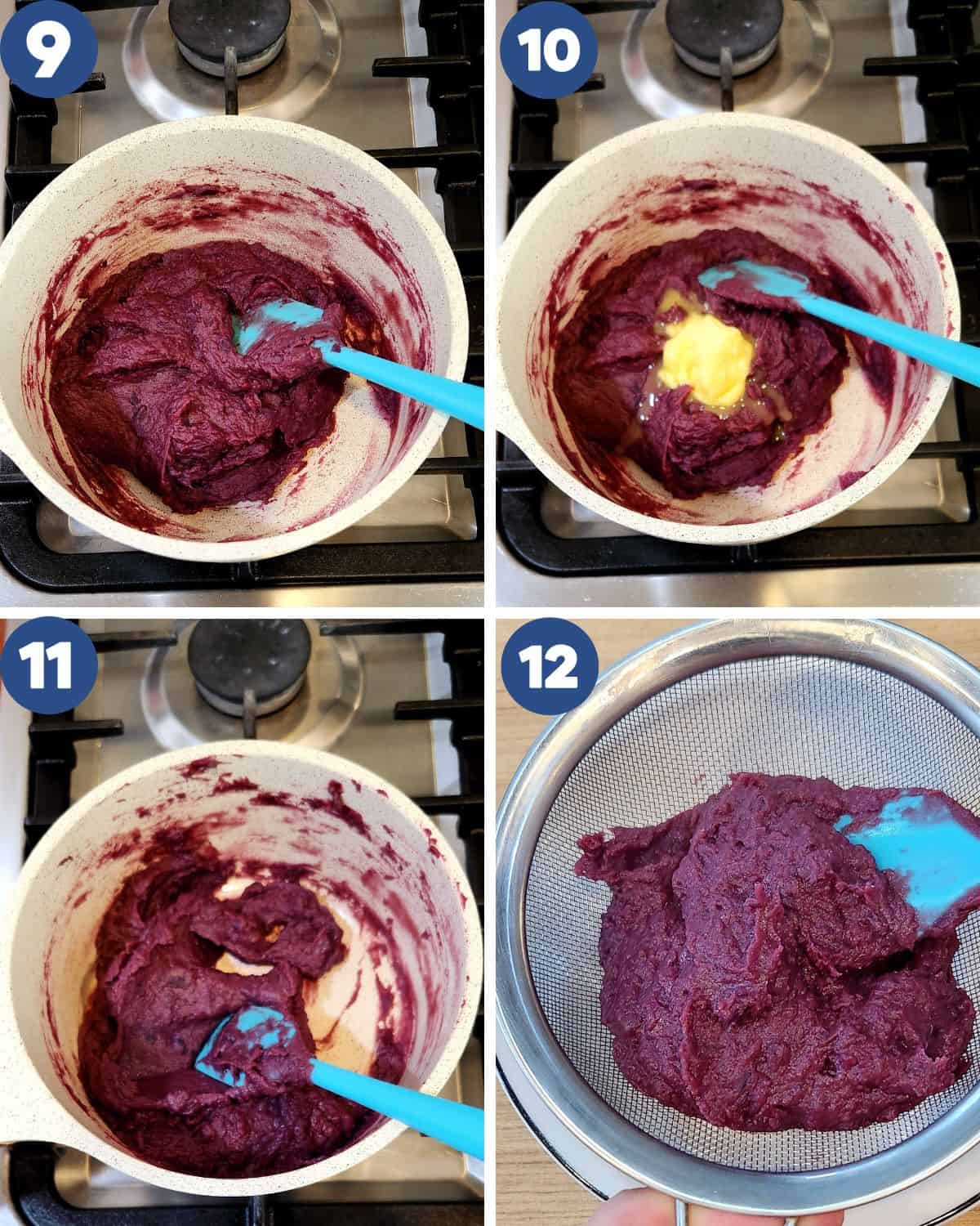 Step by step photos of cooking the ube halaya and sieveing to get a smooth texture.