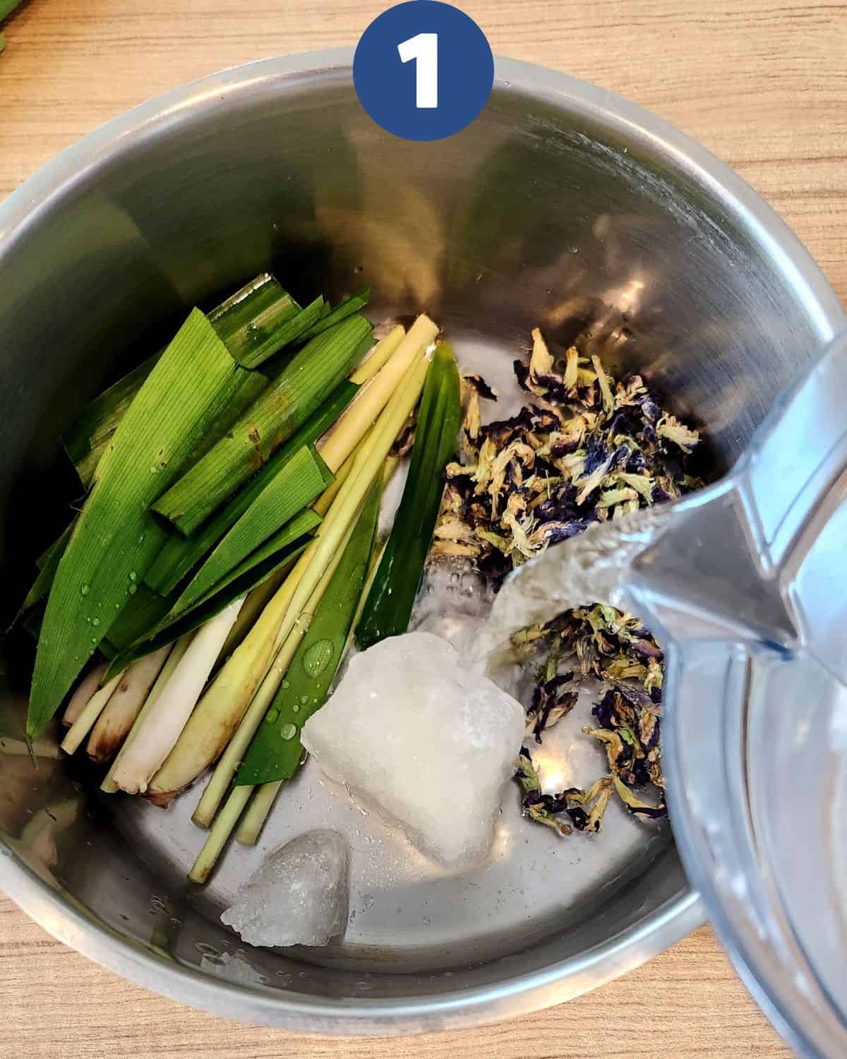 Photo process of putting all the ingredients for butterfly pea tea in a pot.