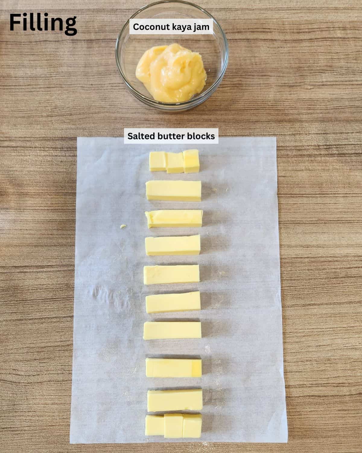 Salt bread or shio pan filling ingredients with labels.