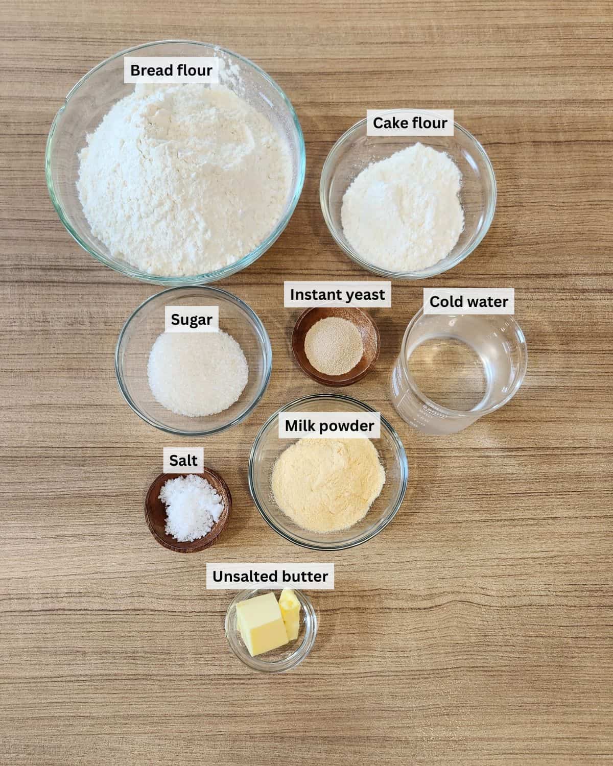 Salt bread (shio pan) ingredients with labels.