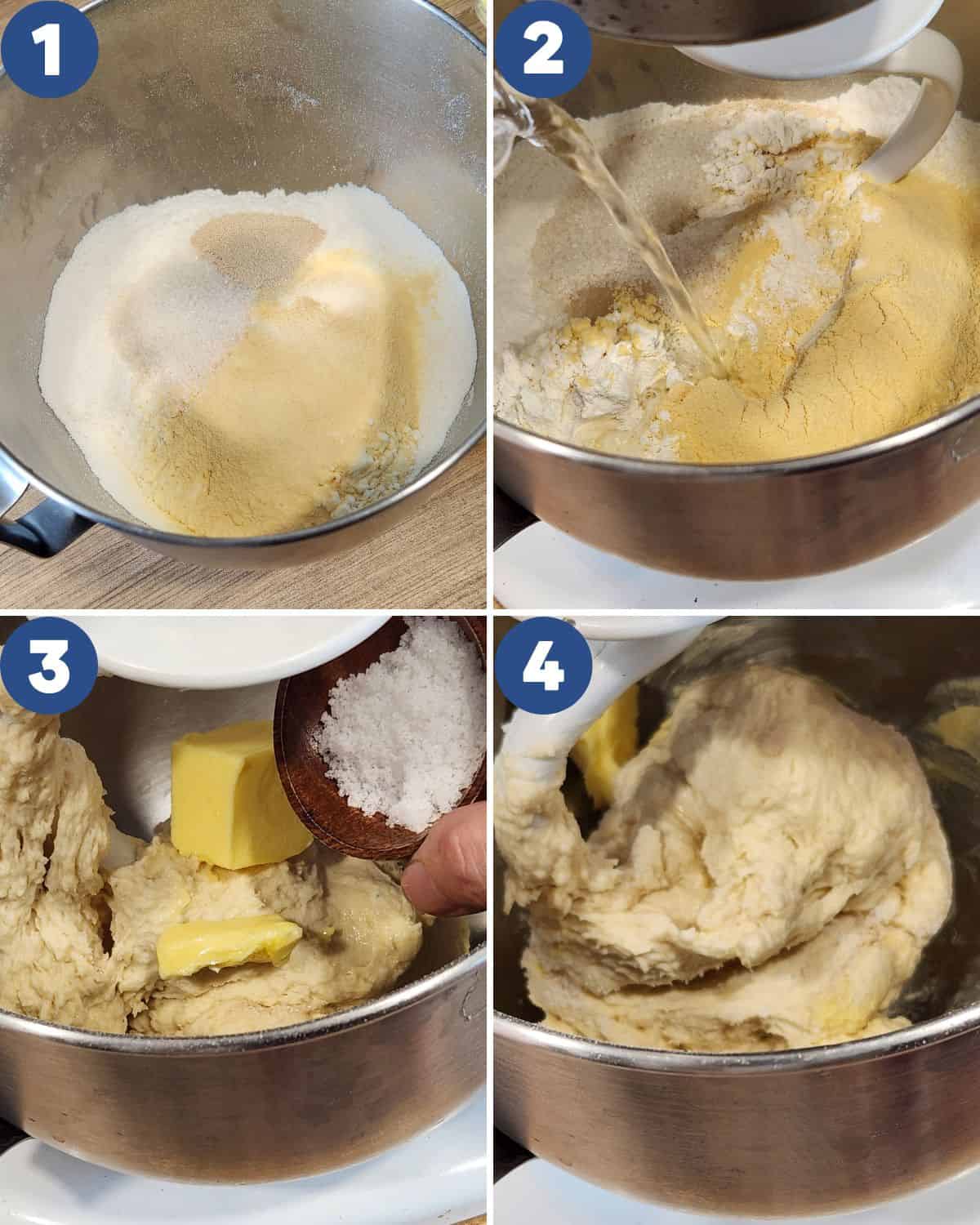 Step by step process photos of making salt bread dough.