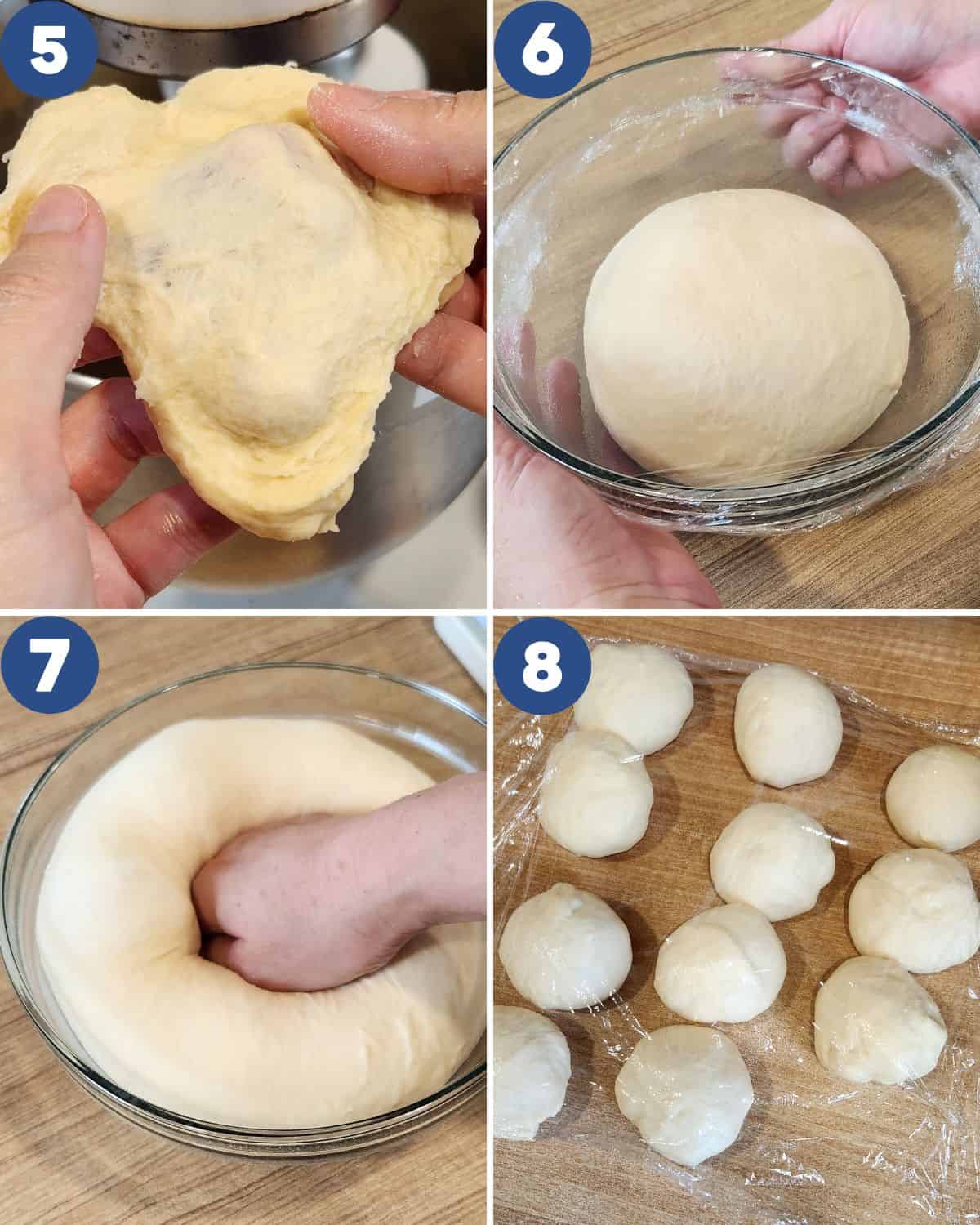 Step by step process photos of kneading and dividing the dough.