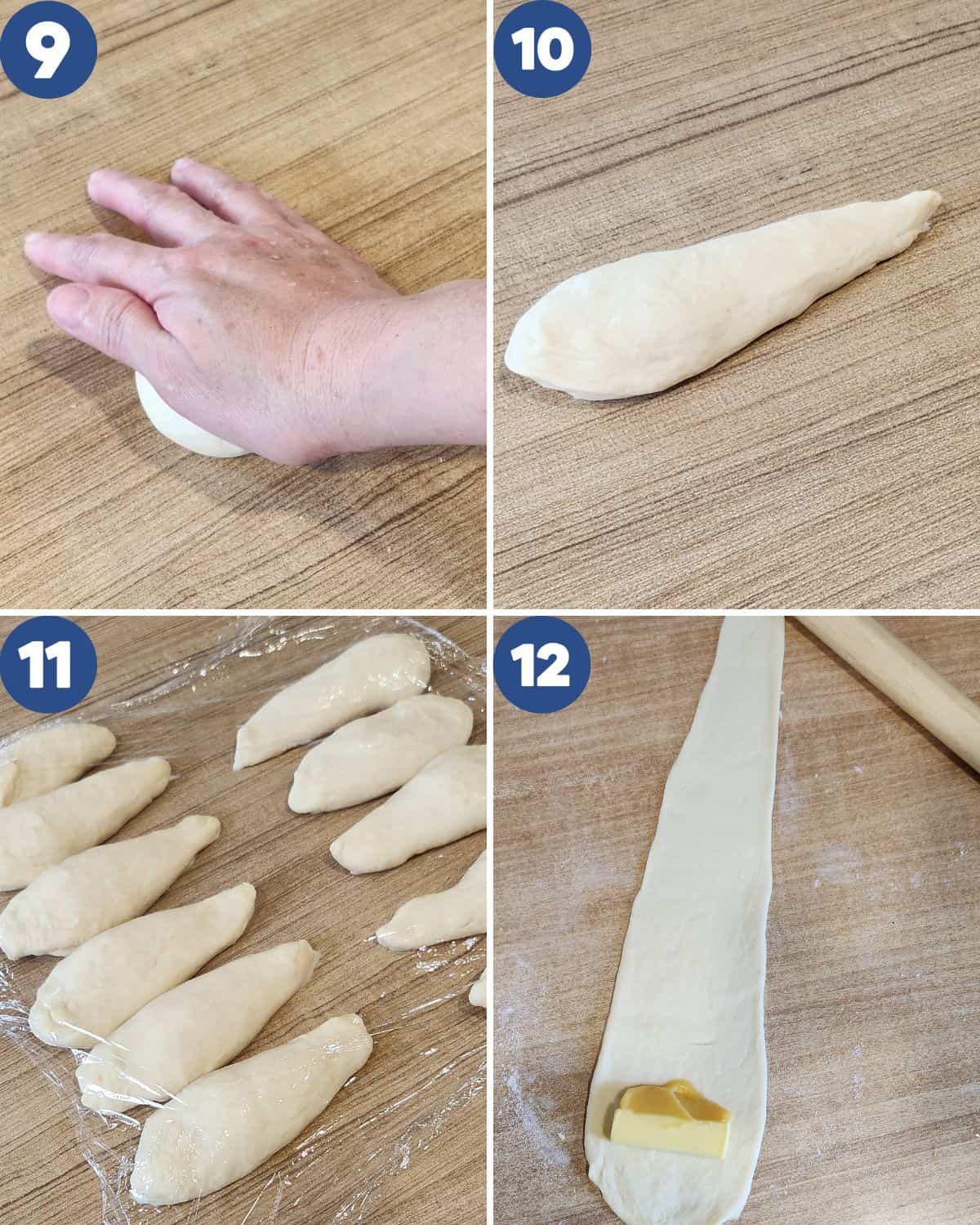 Step by step process photos of shaping the bread.