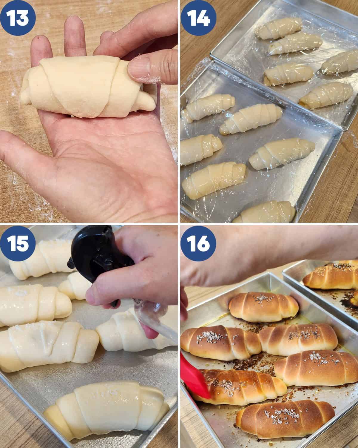 Step by step process photos of shaping and baking the salt bread.