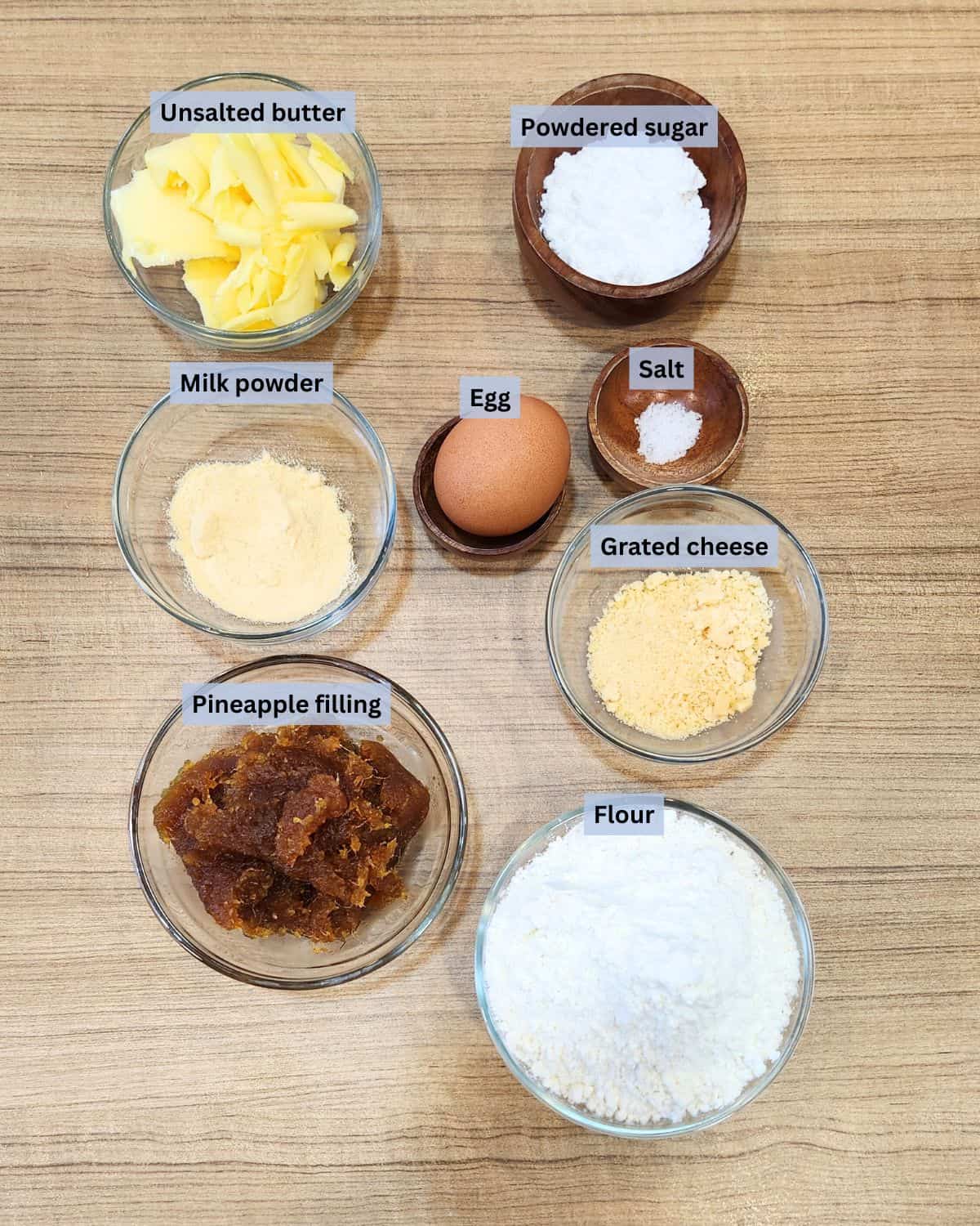 Taiwanese pineapple cake ingredients with labels.