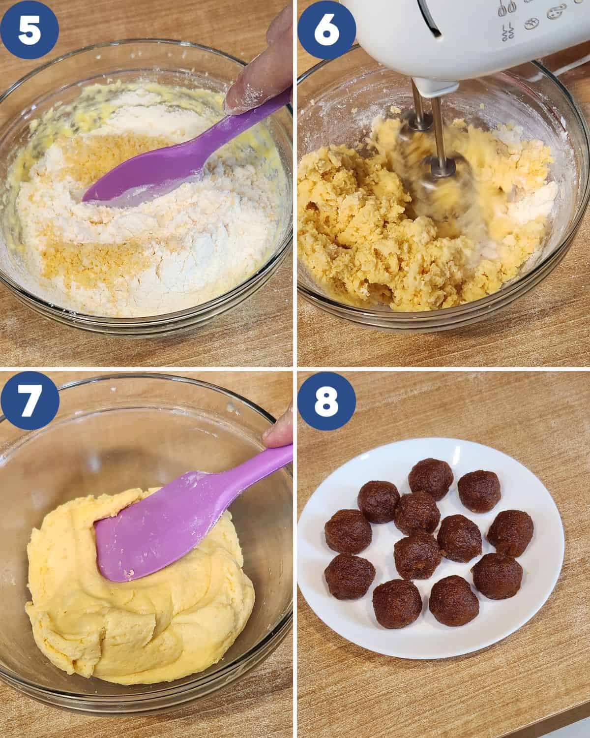 Step by step process photos of mixing the dough and preparing the pineapple filling.