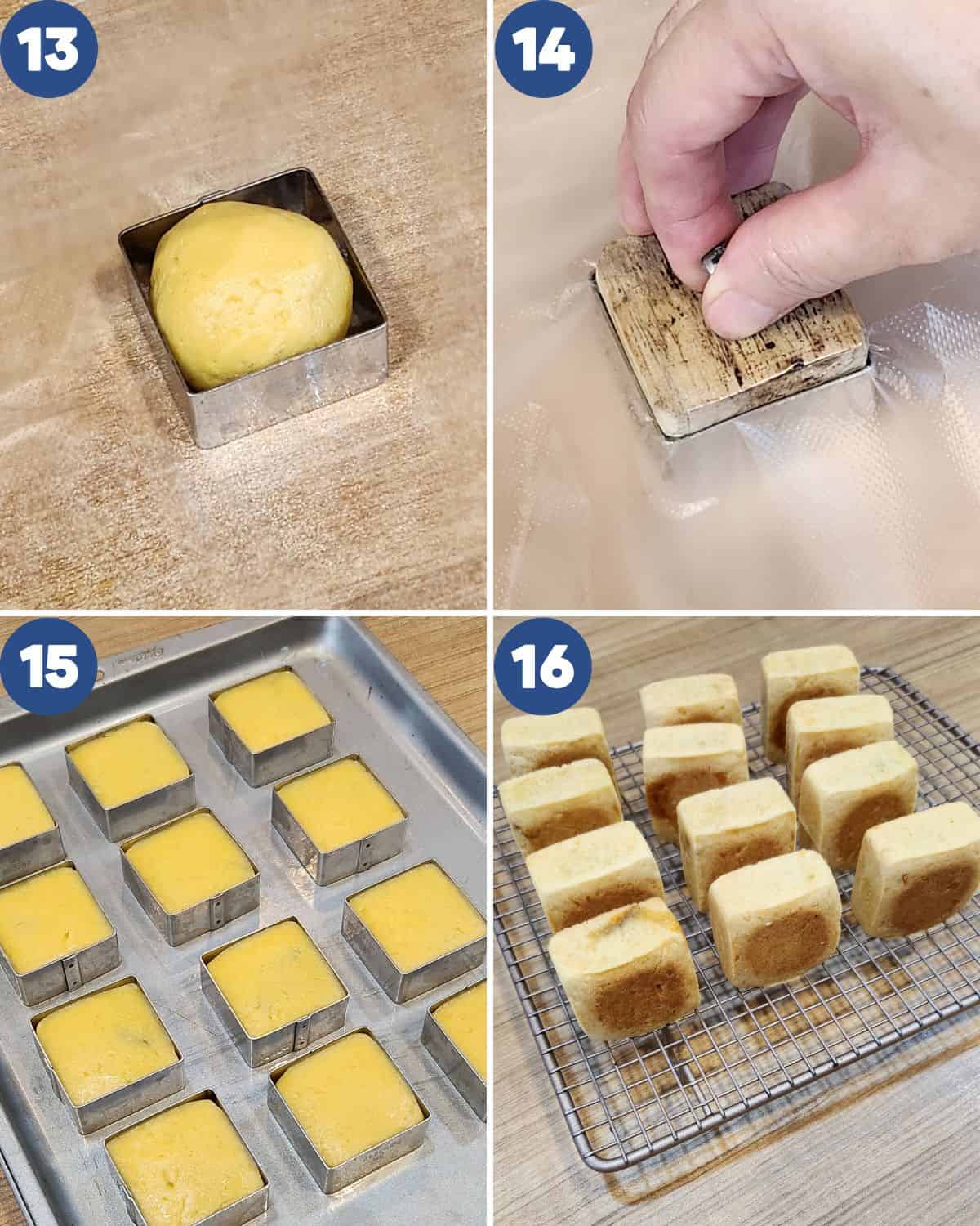 Step by step process photos of shaping and baking the cake. 