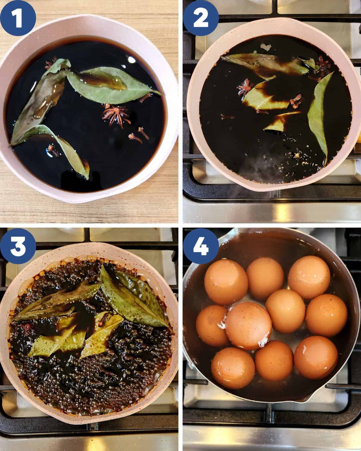 Photo collage of making the sauce mixture for the ajitama or ajitsuke tamago.