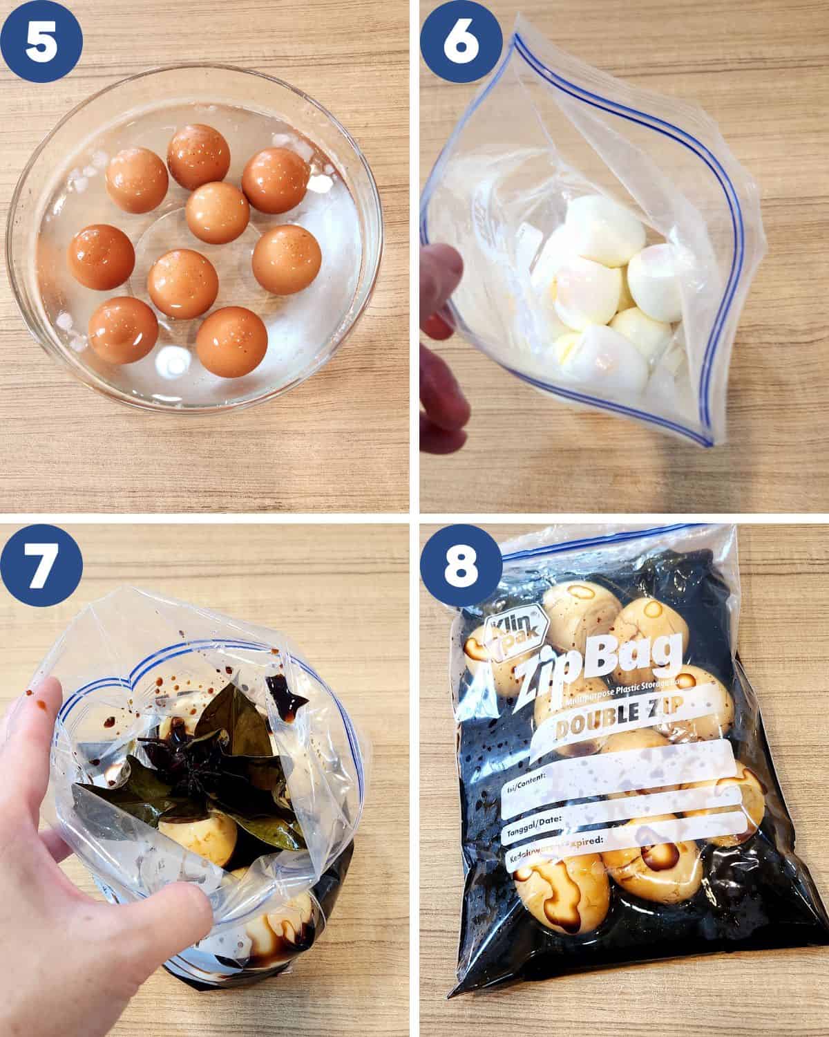 Photo collage of preparing the soft boiled eggs for marinade.