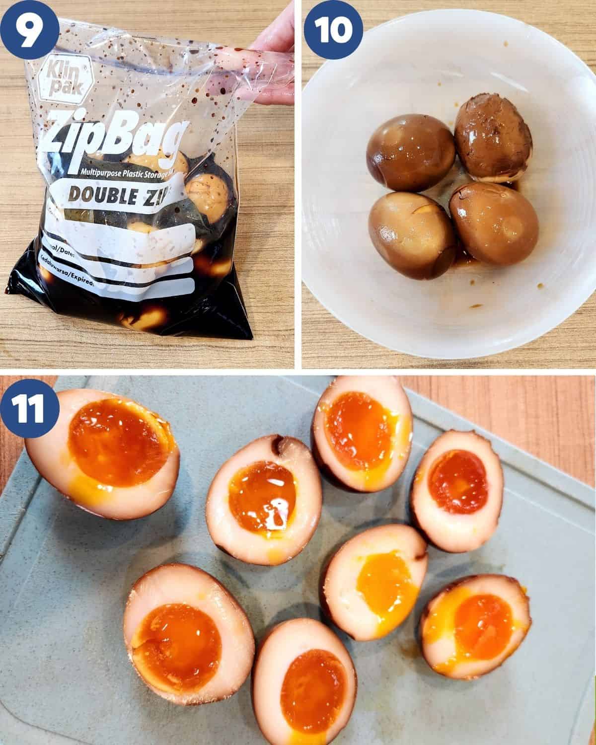 Photo collage of the marinated eggs after a day.