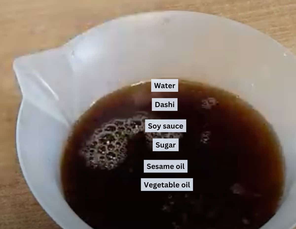 Salmon and rice sauce ingredients with labels.