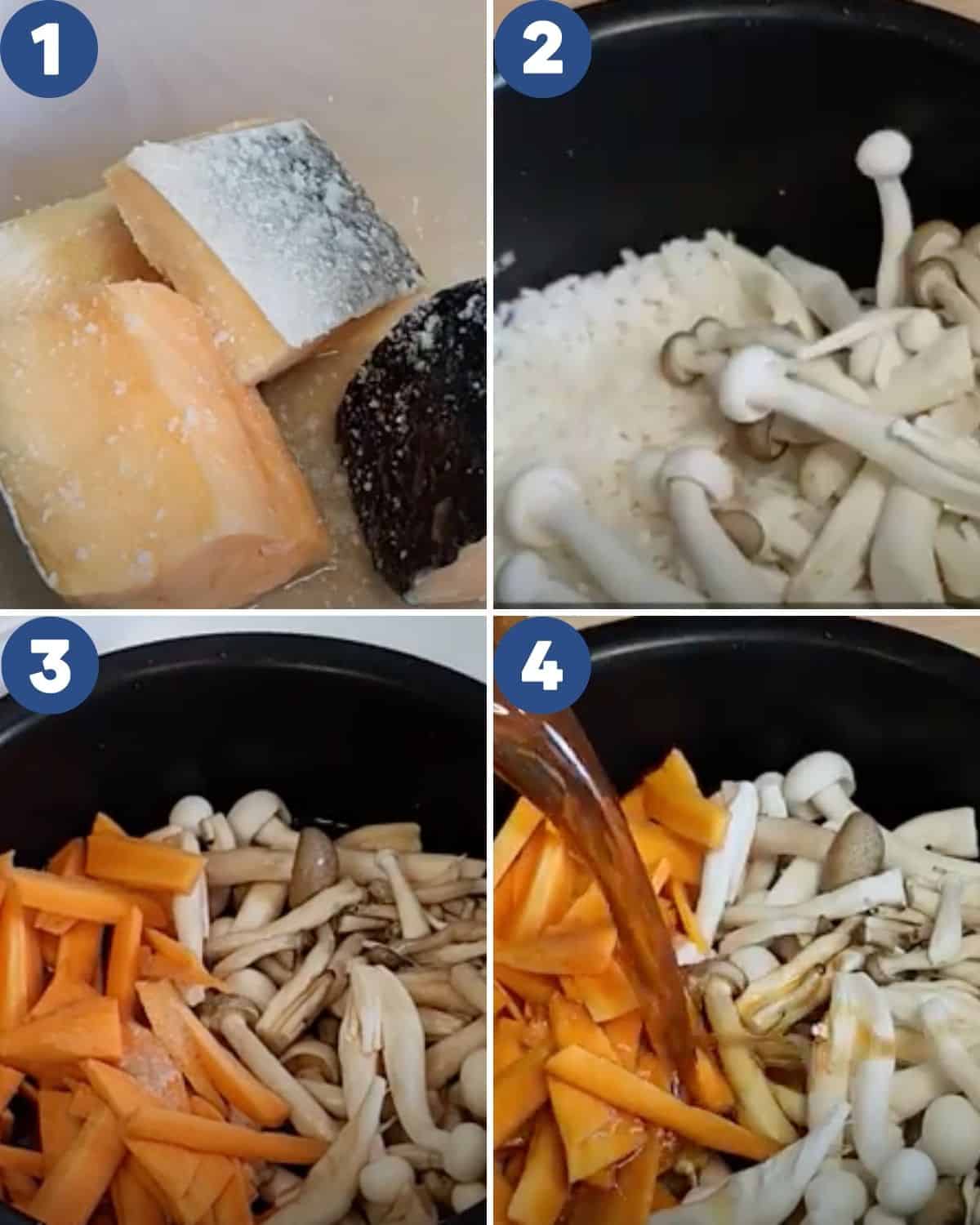 Step by step process photos of preparing the ingredients for salmon and rice recipe in a rice cooker. 