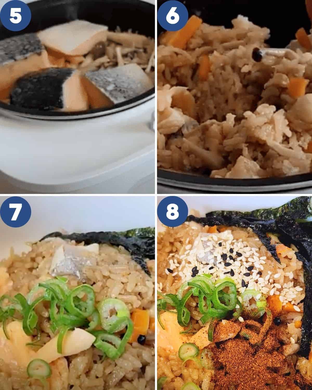 Step by step process photos of salmon rice bowl. 