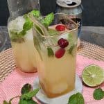 A glass of lychee soda with mint leaves, cranberries, lime, and ice cubes.