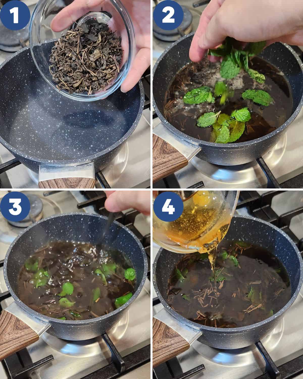 Step by step process photos of brewing the black tea leaves and mint leaves. 