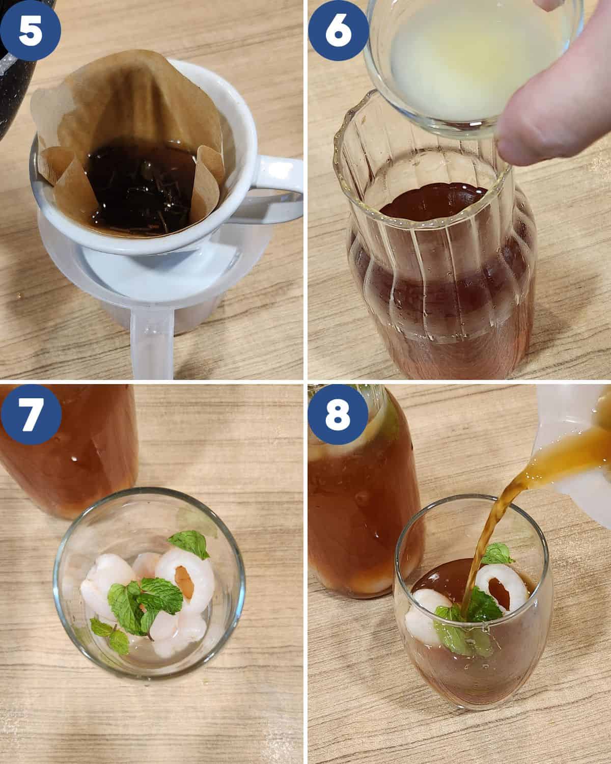 Step by step process photos of mixing the tea with lychee syrup and golden syrup.