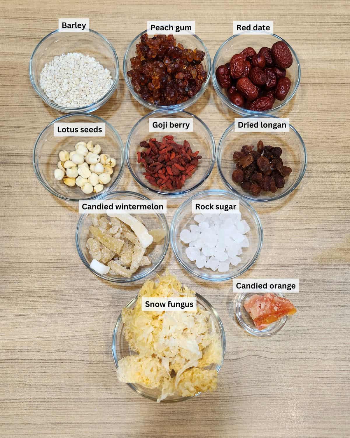 Peach gum dessert (tong sui) ingredients with labels. 