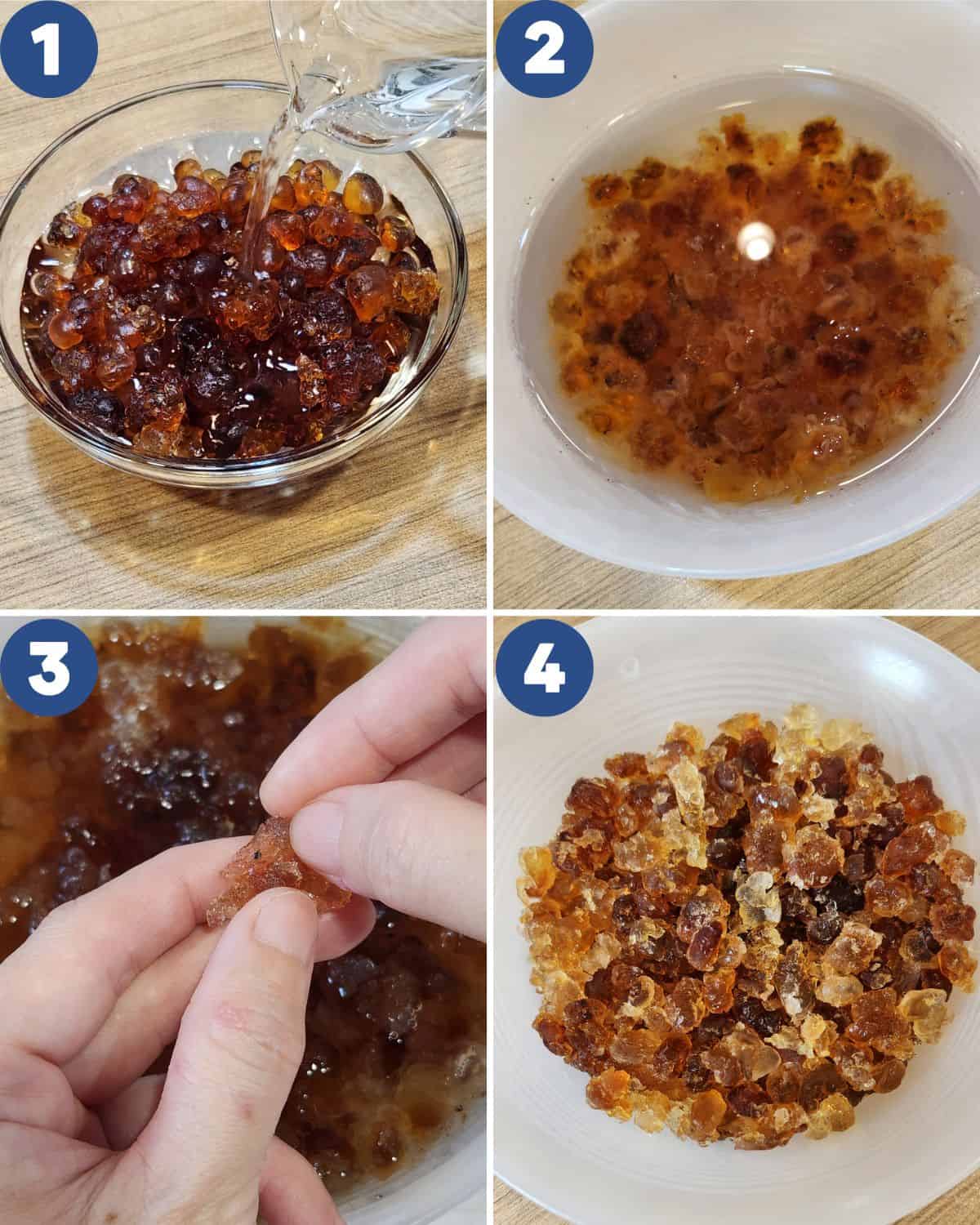 Step by step process of soaking the peach gum and cleaning the dirt.
