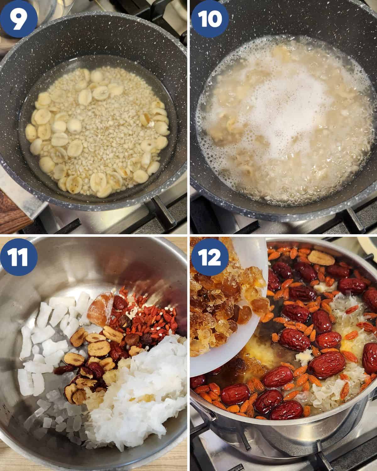 Step by step process of simmering the peach gum with all ingredients.
