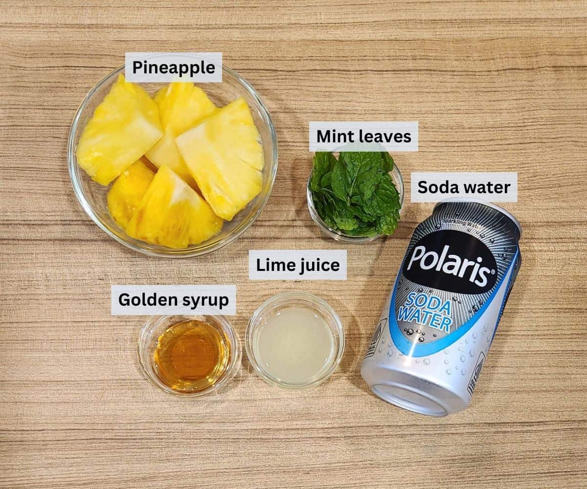 Pineapple mint soda ingredients with labels.