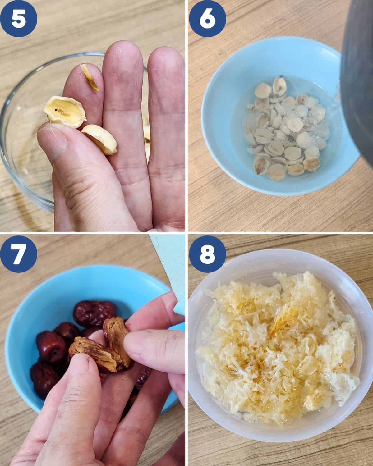 Step by step process photo of preparing the lotus seeds, red dates, and snow fungus.