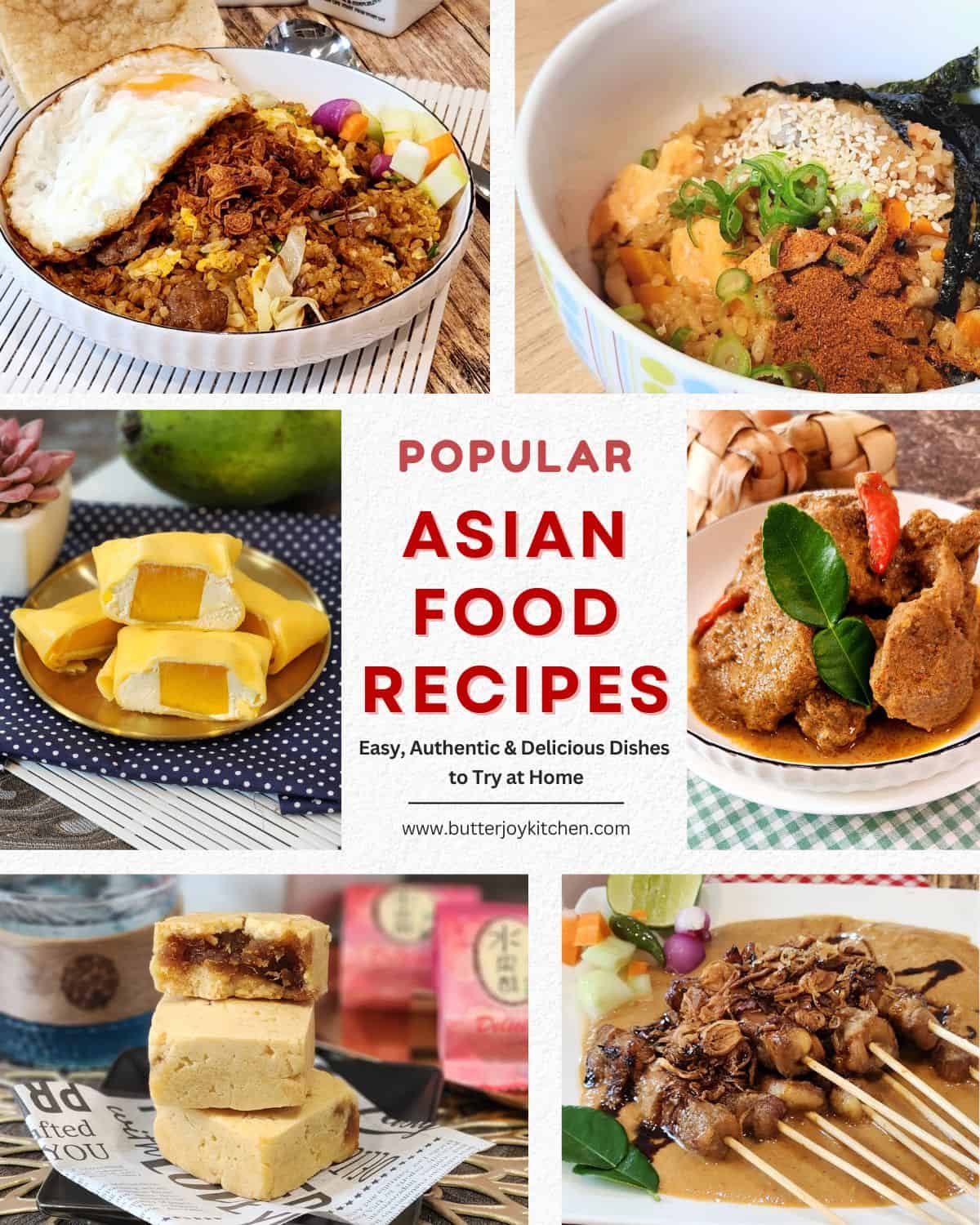 A photo collage of asian food recipes from savory and sweet dishes.
