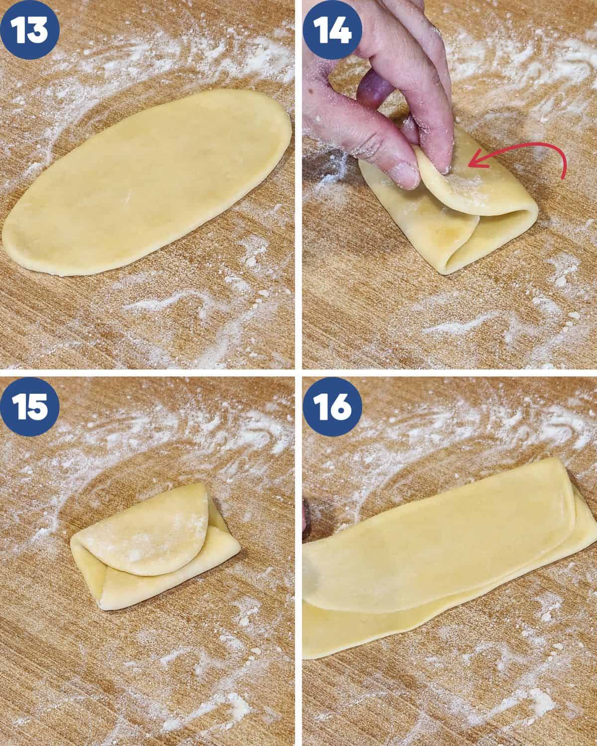 Step by step photos of layering the skin of the pastry.