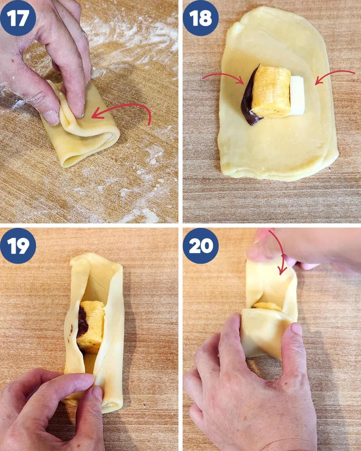 Step by step process of filling the pastry with banana, chocolate filling, cheese and wrapping it.