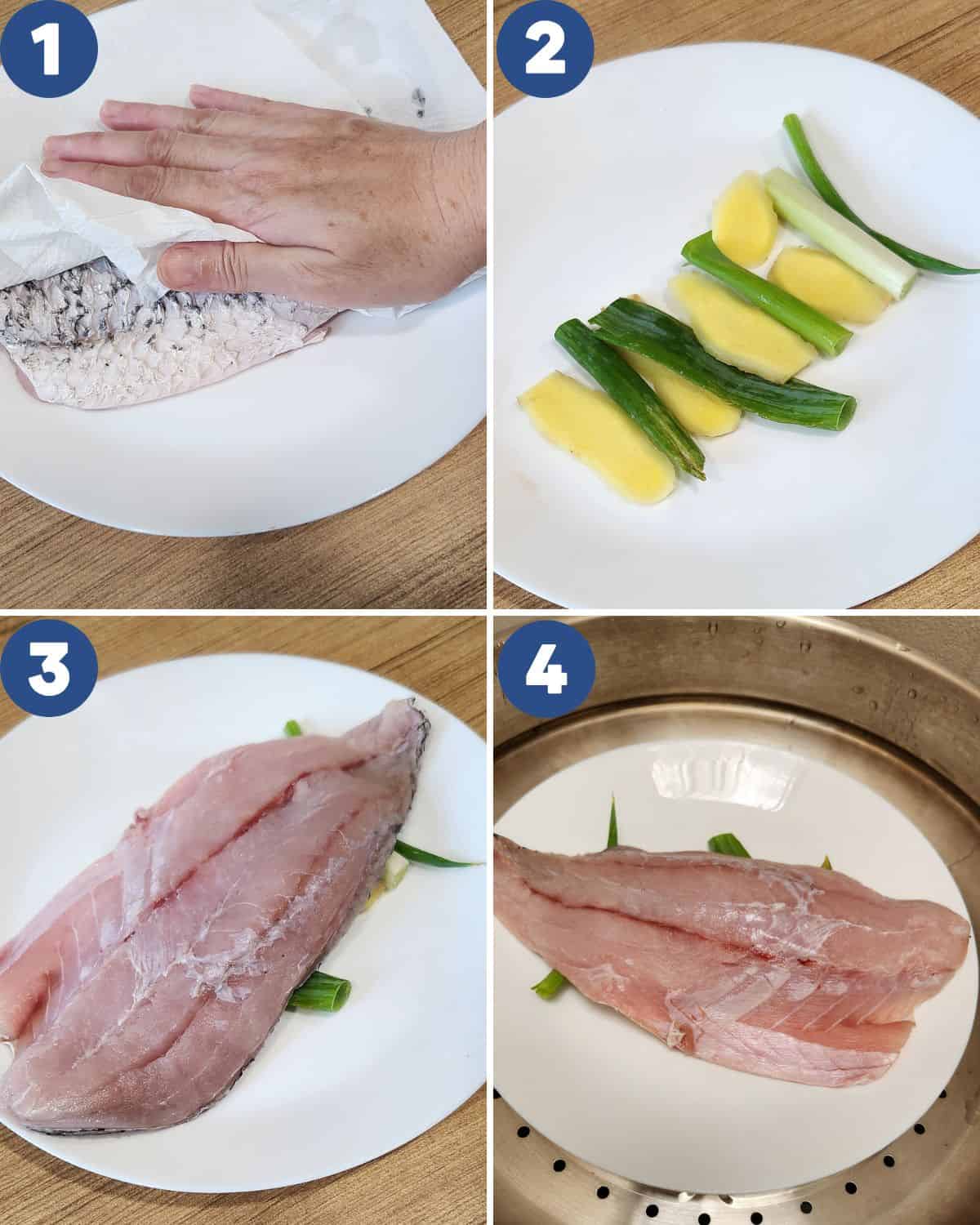 Step by step process photos of preparing the fish for steaming.